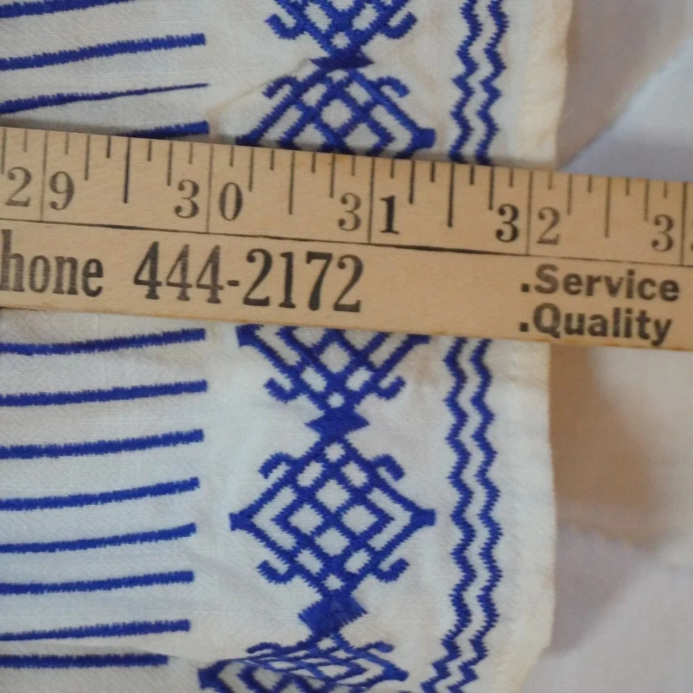 En Creme White Blue Embroidered V Neck Tiered Mini Dress S Resort‎ Beach Greek